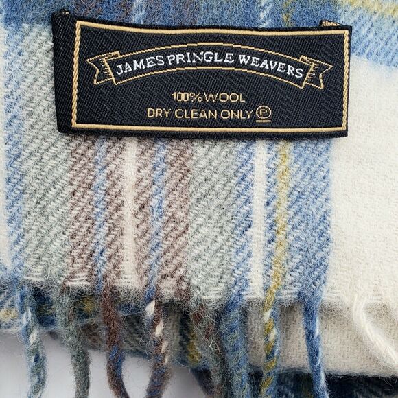 Pringle Weavers Wool Scarf Tartan Plaid Blue Ivory Preppy Eclectic Grandpa NOS - Picture 5 of 7